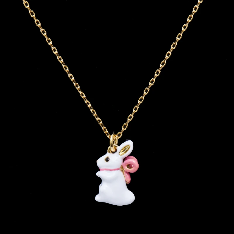 Exquisite und schöne modische Emaille-Glasur-Halskette mit weißer Kaninchen-Schleife, einfacher und vielseitiger Tier-Schlüsselbeinkette, Studentenschmuck