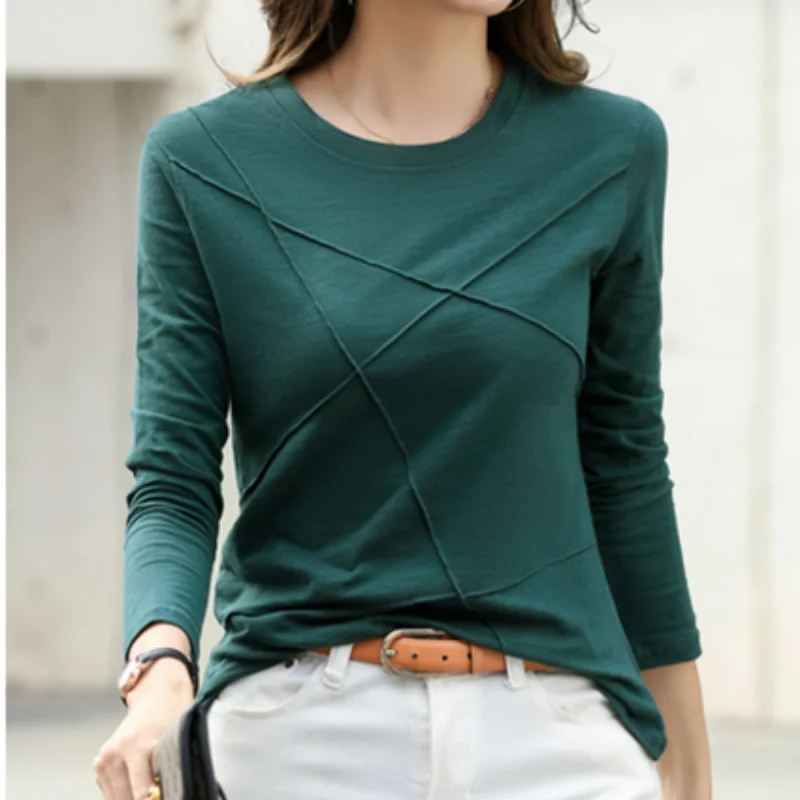 2023 Ribbed Spring Fashion Bamboo Cotton T-Shirt Autumn O-Neck Loose casual Women Shirt Long Sleeve Lady Green Top 17279