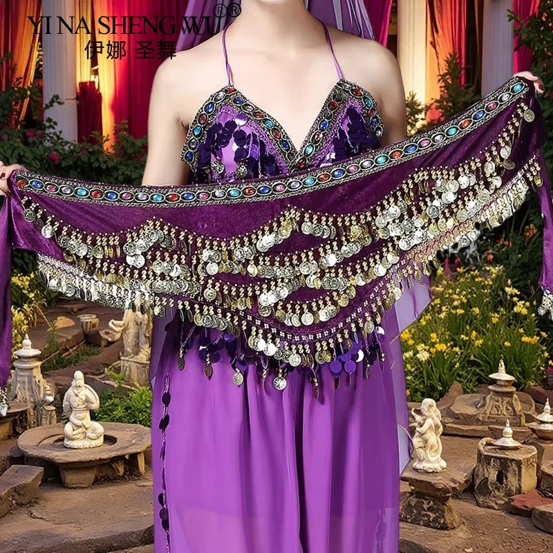 Belly Dance เอวเริ่มต้นเต้นรําอุปกรณ์เสริมที่มีสีสัน Rhinestone Flannel เต้นรําอินเดียทองเหรียญเข็มขัดเอว