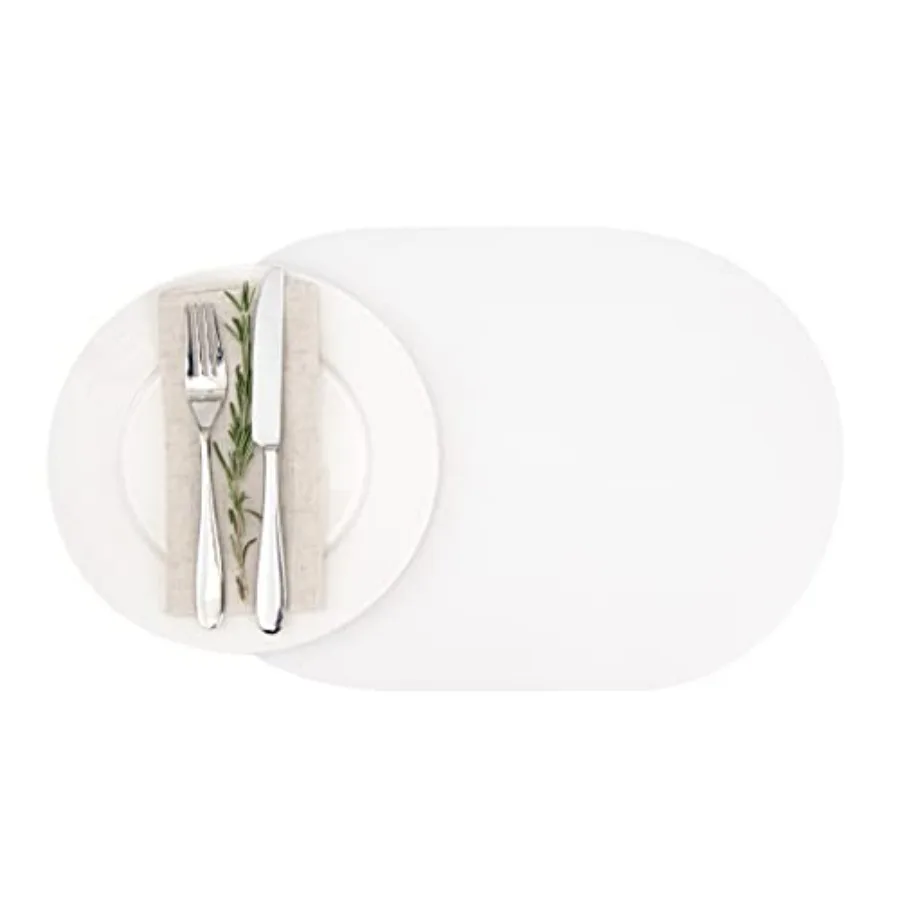 

16 Inch Oval Vinyl Table Placemats Set of 6 - Embossed Stain-Resistant White Placemats with Leather-Like Feel for Table Protect