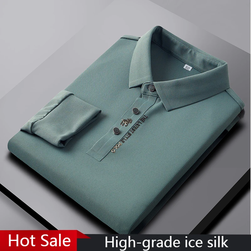 High-grade Ice Silk Polo Shirt Long Sleeve Skin-friendly Printing T-shirt 2023 Autumn Fashion Simple Business Handsome Tees Tops