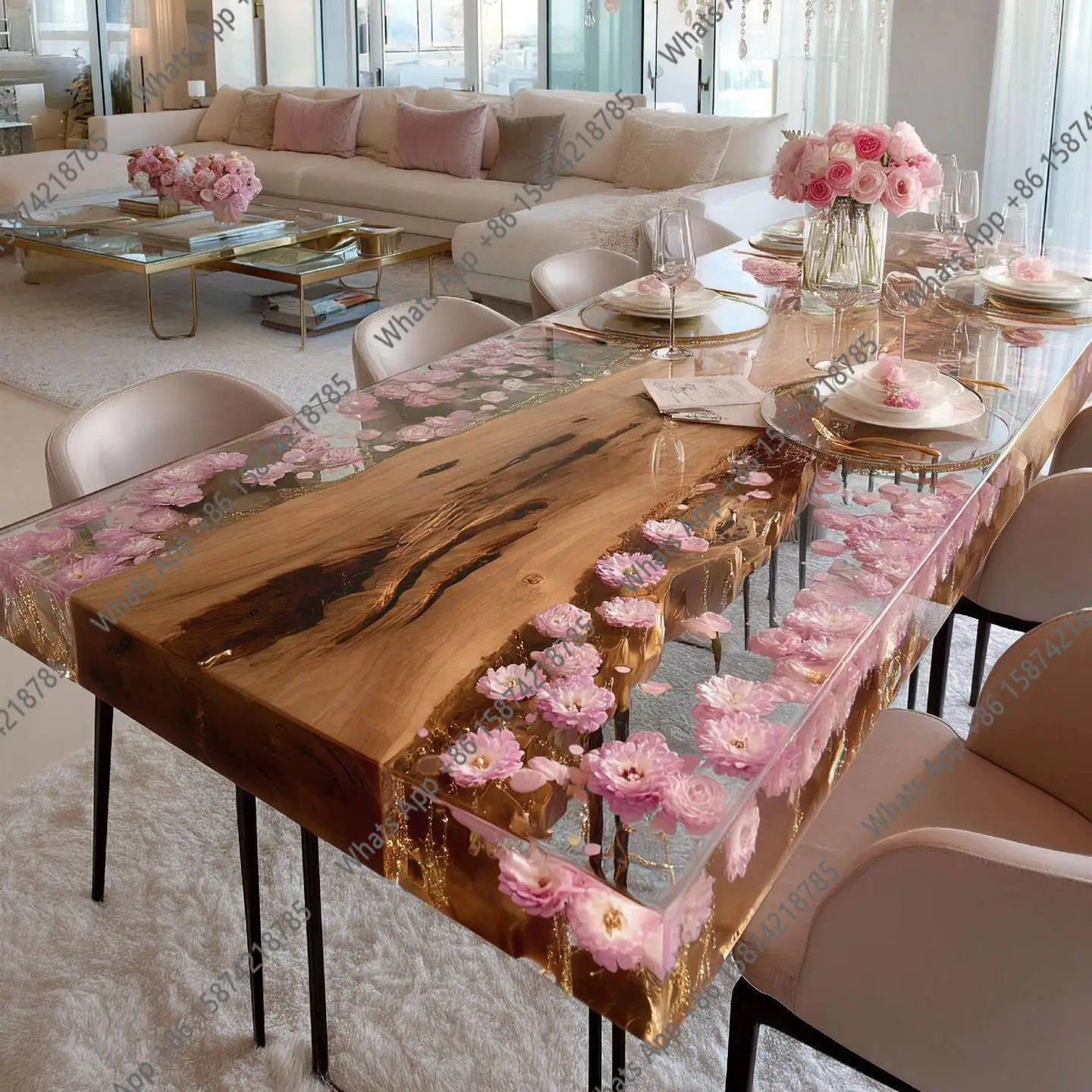 

High transparency crystal resin embedded in cherry blossom solid wood dining table Italian light luxury large flat-floor