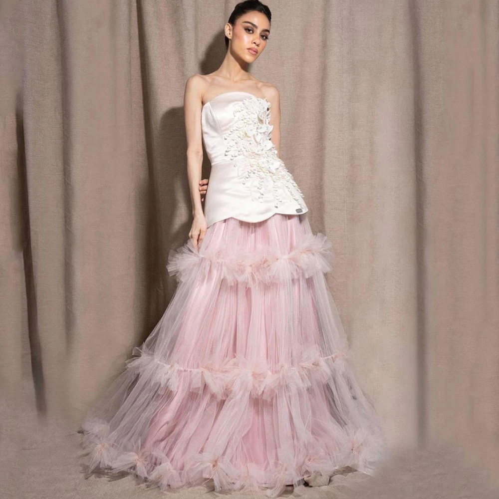 

Flechazo Fashion Satin and Tulle Evening Dress Strapless A-Line Floor Length with Ruffles Beading Applique Customized Gowns