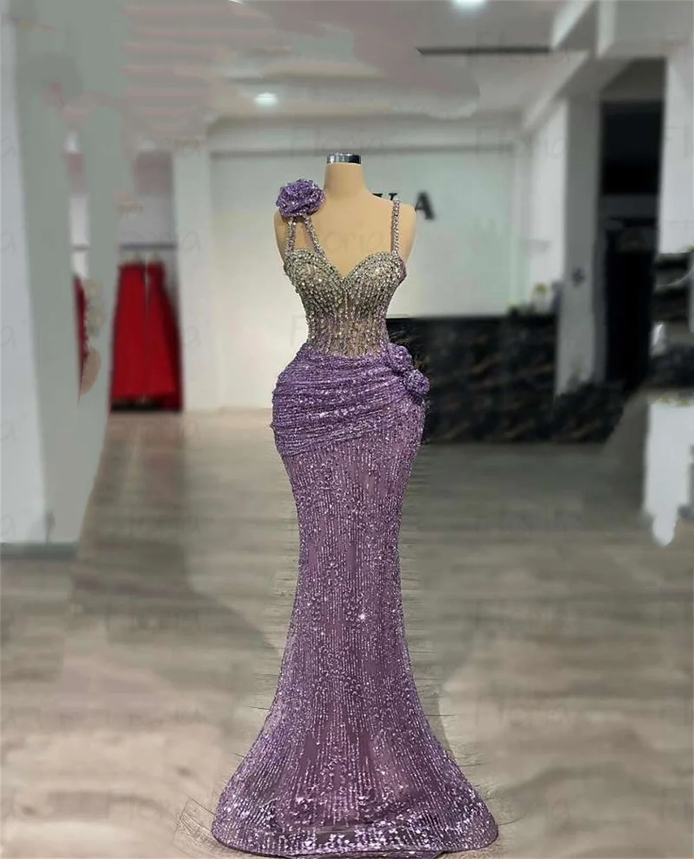 우아한 보라색 라일락 칵테일 이브닝 드레스 스팽글 스트랩 생일 파티 드레스 연인 구슬 레이스 댄스 파티 드레스 맞춤형