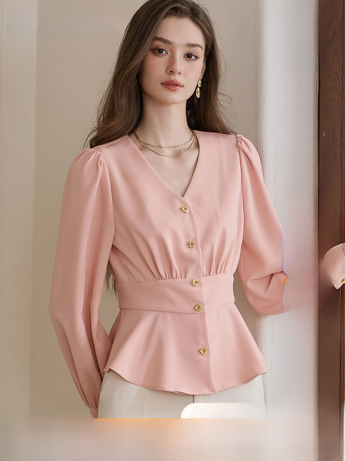 Pink Bubble Sve irt Vita cinched V Ne Ruffle Hem French Sle Donna Slim Fit irt Long Sve Pure Color 2025 Autu...