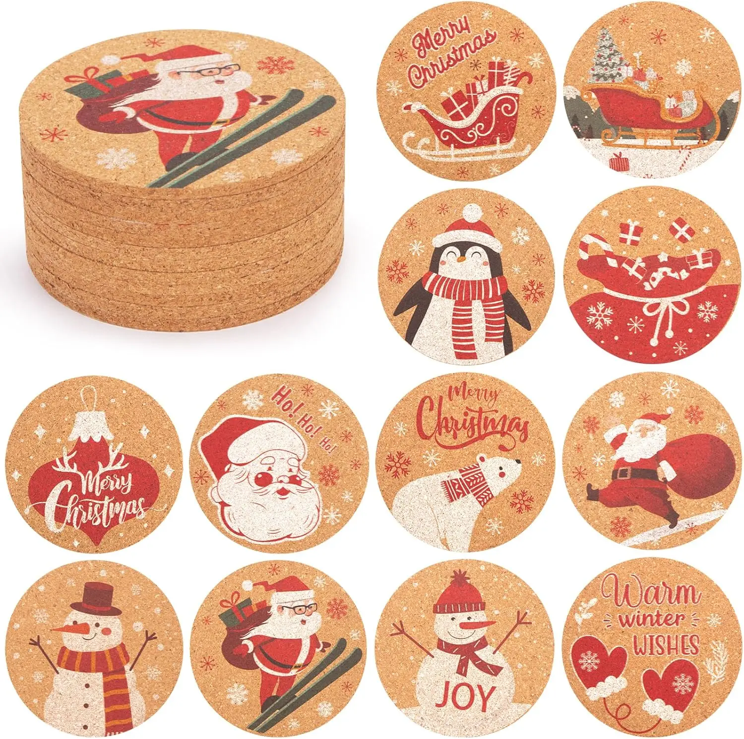 

12PCS Christmas Cork Coasters, Cork Cup Mat Xmas Wooden Coasters For Drinks Xmas Party Home Kitchen Table