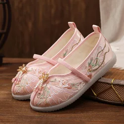 Baby Girls Hanfu Shoes Children Embroidered Shoes Beads Princess Vintage Chinese Kids Flats