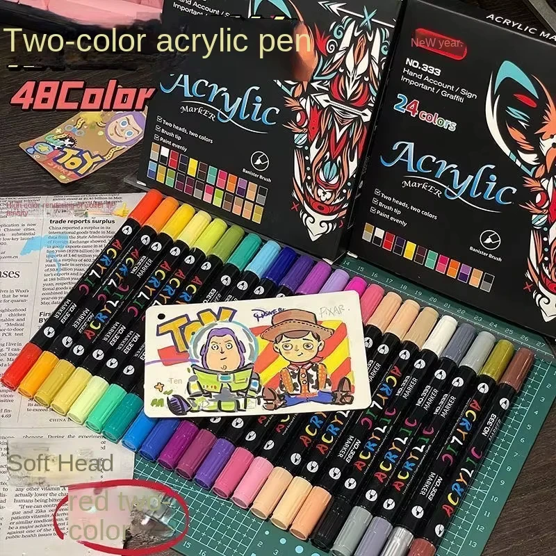 Professionelle 48-Farben Acryl-Marker für Kunst, Doppelspitze mit Feiner und Pinselspitze, Geeignet für Stein, Holz, Kalligraphie – Detail 4