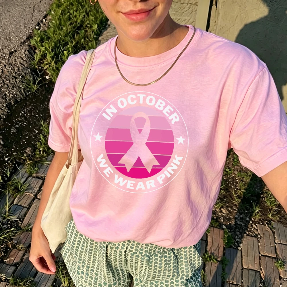 In October We Wear Pink Retro Gradient Sunset Pink Ribbon T-Shirt Breast Cancer Awareness Graphic Tee Casual Short Sleeve Tops