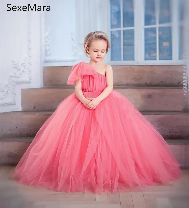 

New Girls Party Dresses Kids Birthday Dress One Shoulder Puffy Tulle Long Flower Girl Dress Kids Clothes Photography Props