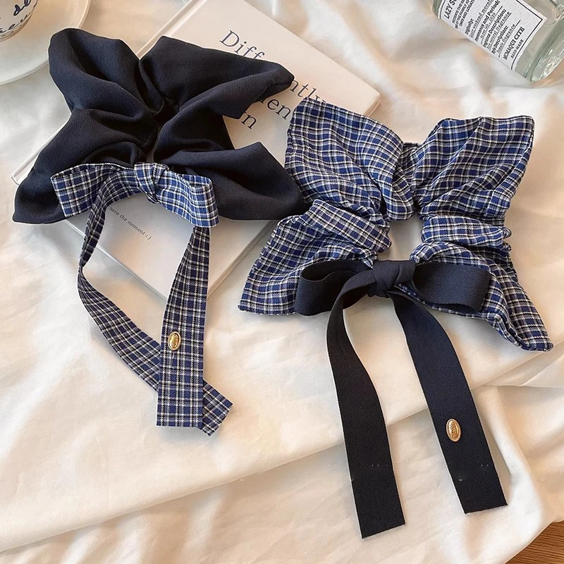 

2025 New Navy Blue Plaid Square Scrunchies Oversized Butterfly Hairbands Young Girls Student Hair Bundle Elegant Hair Ties Ropes