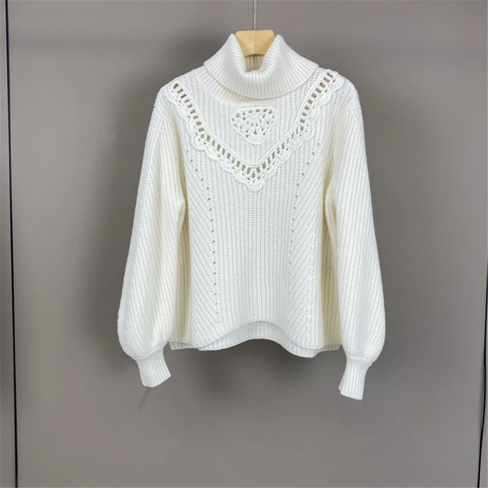 Autumn 2024 Women\'s Heavy-Duty Crochet Hollow Cashmere Turtleneck Pullover Sweater