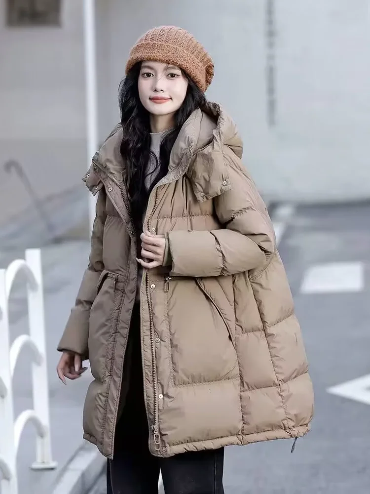 2024 New Women\'s Down Jacket Hooded Parkas Simple 90 White Duck Down Light Fluffy Warm Jacket Medium-length Bread Down Jacket