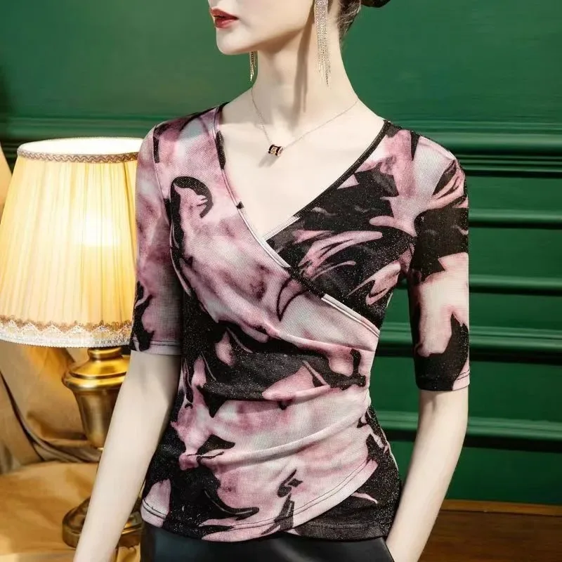 

Женская блузка с V-образным вырезом, принтом, завязками спереди, рукавом до локтя, приталенная, повседневная