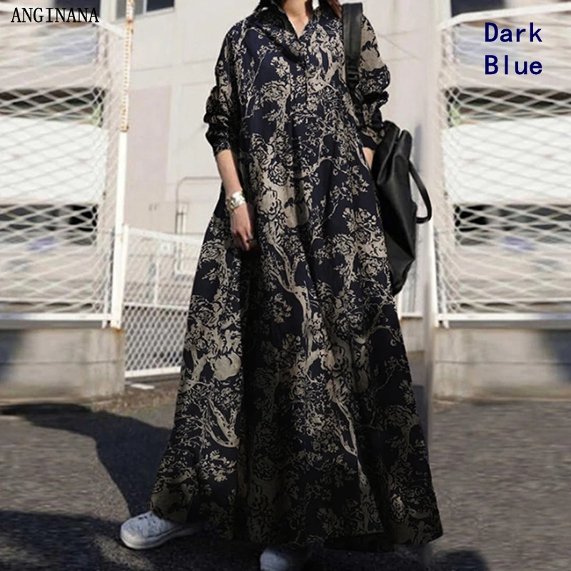 Summer oversized 10xl 150 kg women\'s dress large 6xl 8xl lapel long sleeve loose print big dress dark blue