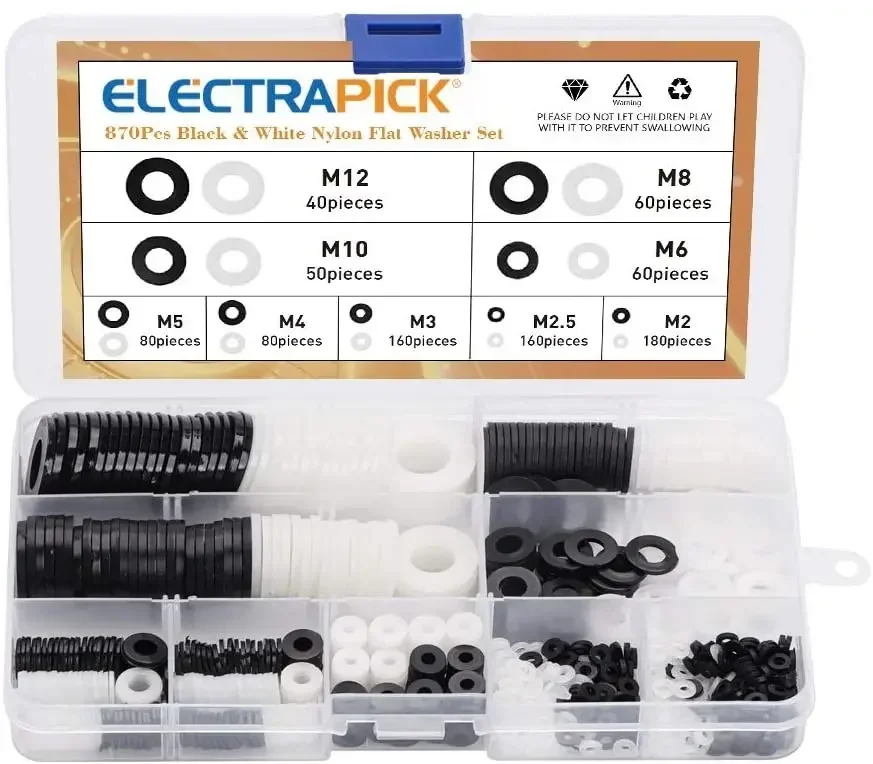 870/700pcs Nylon Washers Flat Assortment Kit Metric Sealing Spacer Gasket Ring Black&White M2 M2.5 M3 M4 M5 M6 M8 M10 M12 Washer