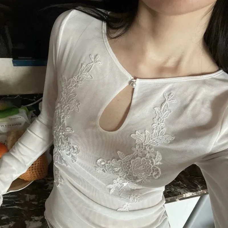 Blouse Women's Summer Designer Style Mesh Embroidery Fitted Slimming Long Sleeves Shirt Comfortable Casual Versatile Fashionable