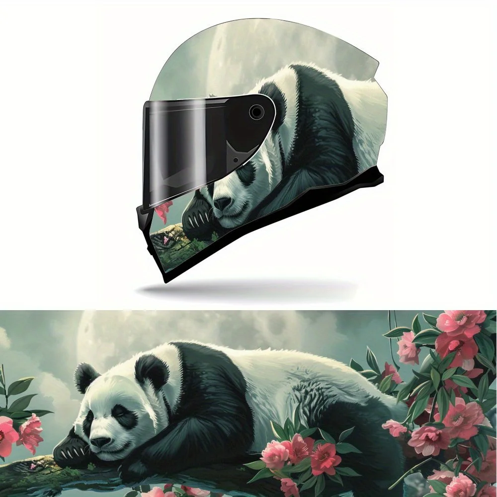

Sleeping Panda with Pink Flowers PVC Motorcycle Helmet Vinyl Wrap, Self-Adhesive Waterproof Sticker, Anti-Scratch Decorative Fil