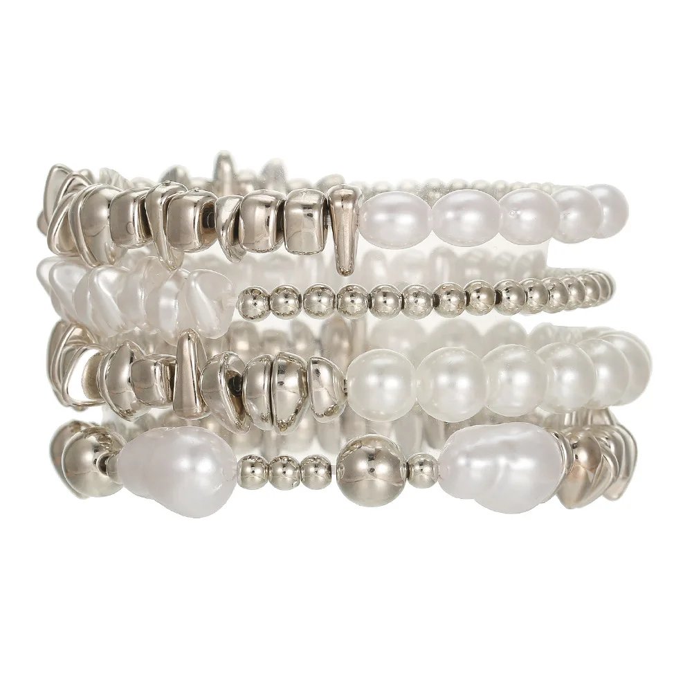 Baroque Pearl Irregular Silver Beaded Bracelets Set for Women Layered Stackable Hand Chains Y2K Girls Wrist Jewelry Stretch Rope