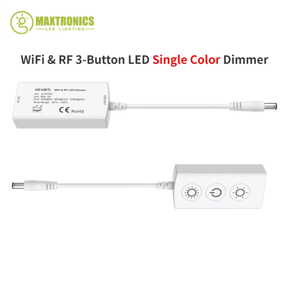 

New Mini WiFi & RF 3-Button LED Dimmer Controller VD1(WT) Wireless 1CH 5A CV Led Contrl Brightness For 5M Single Color LED Strip