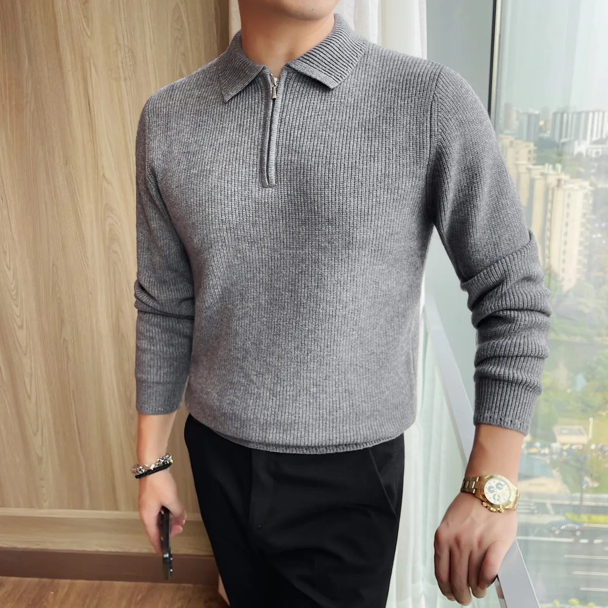 

Осень-зима, мужской толстый свитер с лацканами, приталенный деловой повседневный вязаный свитер, мужской однотонный универсальный пуловер на полумолнии