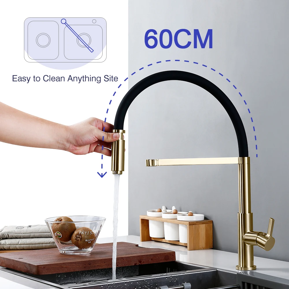 

Brushed Gold Kitchen Faucet Hot And Cold Water Tap Black Hose Matte Gold Spout Sink Mixer Made Of Lead Free Copper
