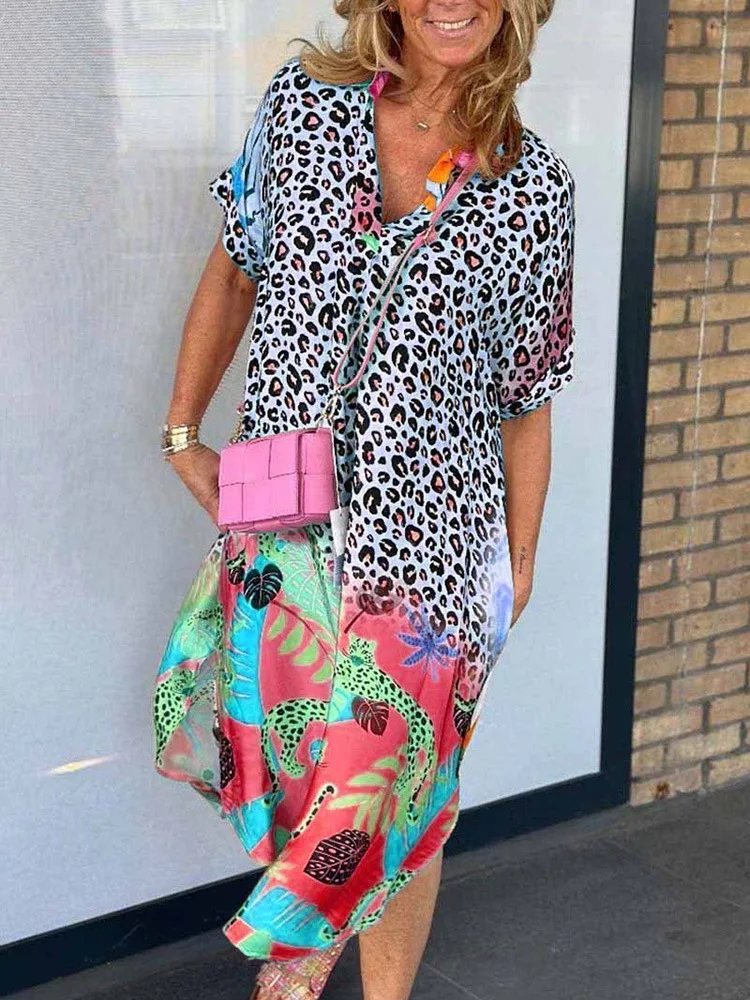 

Fashion Printed Animal Leopard Print Ruffled Dress Women 2025 Summer Loose Half-open Collar Dress For Women