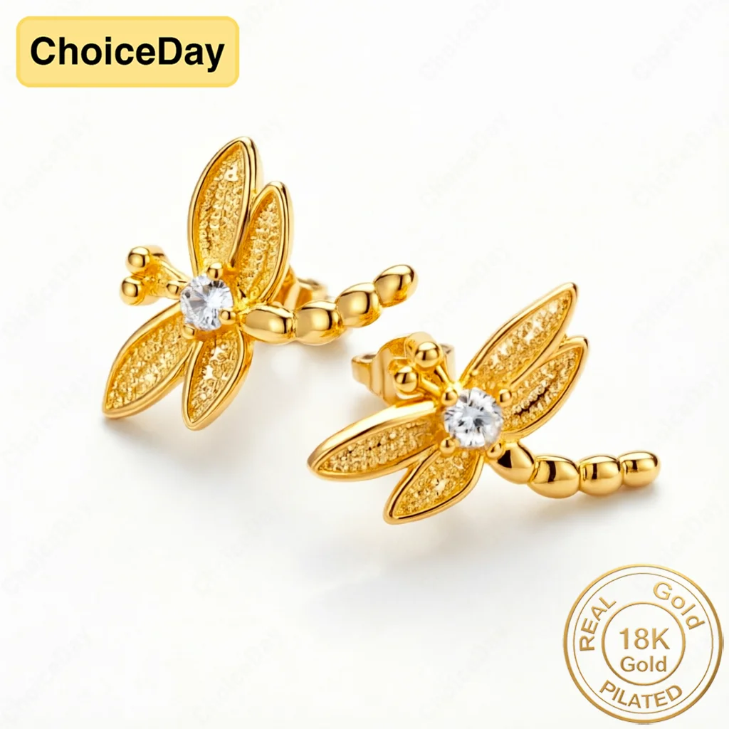 Exquisite 18K Gold-Plated Dragonfly Zircon Stud Earrings – Stylish Wedding Jewelry Gift for Women