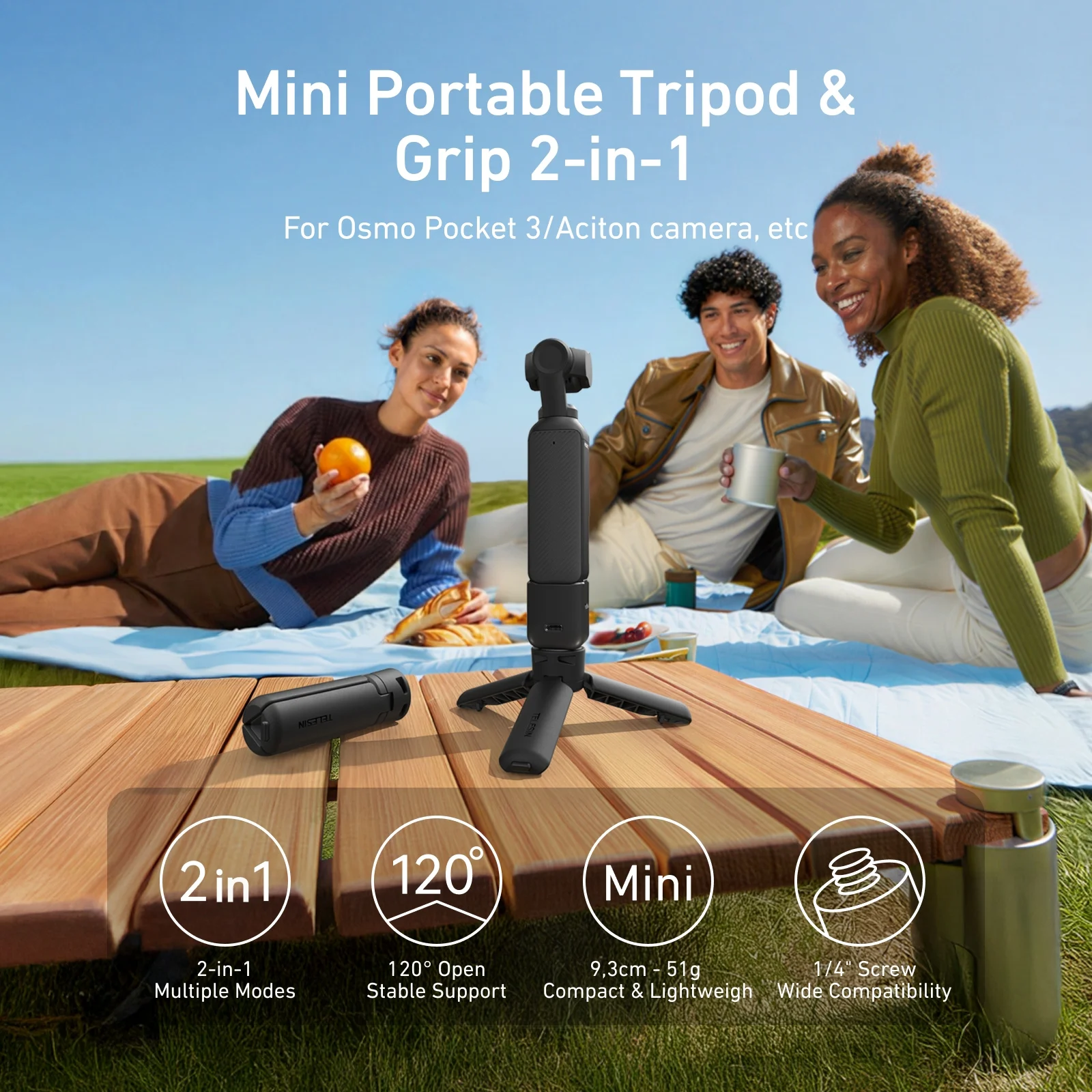 TELESIN Mini Quick Release Universal Tripod Hand Grip for GoPro Insta360 DJI Osmo Action Camera With 1/4 Screw Adapter