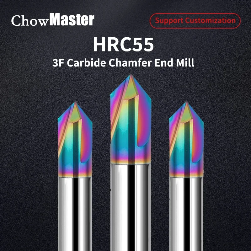 Chowmaster Carbide Chamfer Milling Cutter HRC55 3 Flute DLC Coated Aluminum End Mill 60 90 120 Degree Router Bit for Al Copper