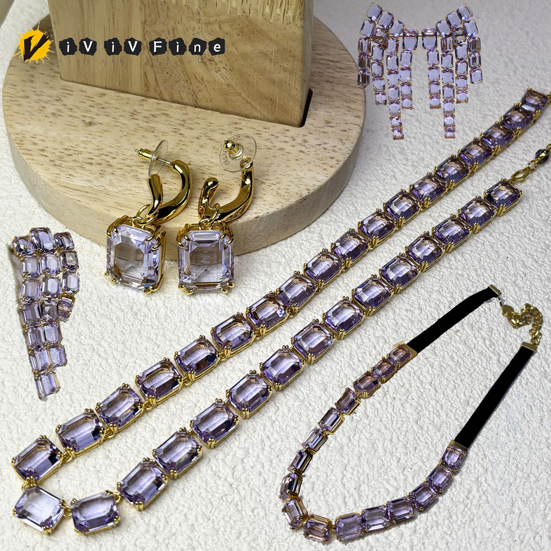 

2025 New Fashion Purple Necklace Premium Jewelry Set for Women High Quality Square Cut Crystal Pendant Necklace Bracelet Ring