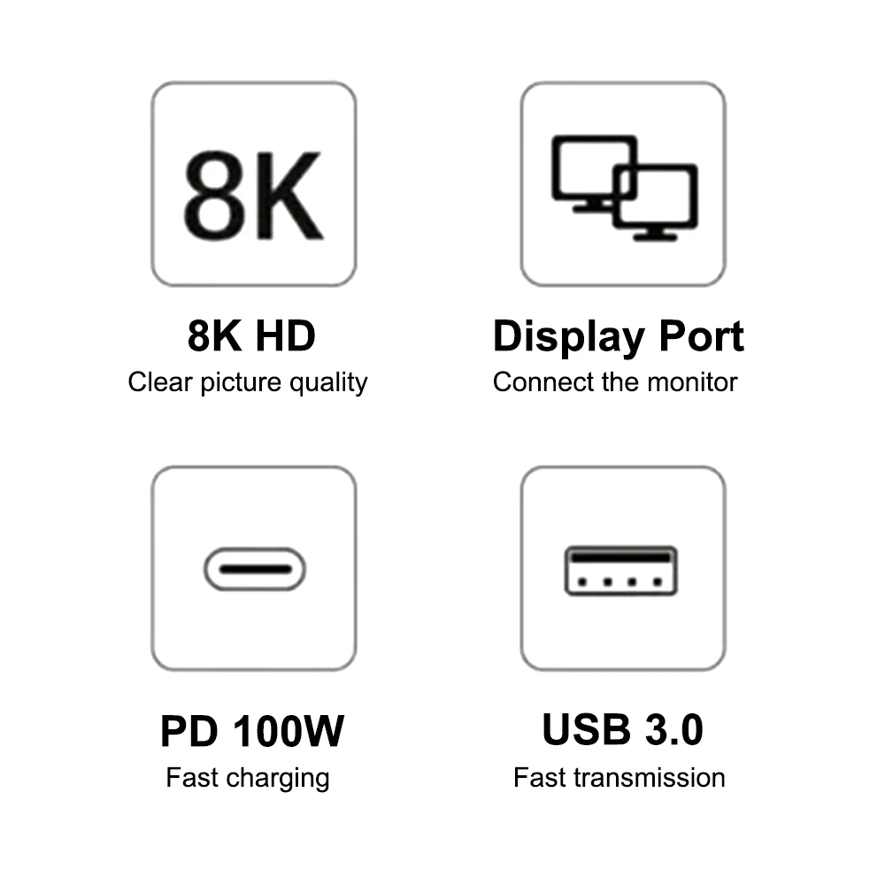 3-in-1 USB C to DisplayPort 1.4 dock 8K Thunderbolt 3 Type C to DisplayPort 1.4 Cable with PD charging USB 3.0 port For Macs