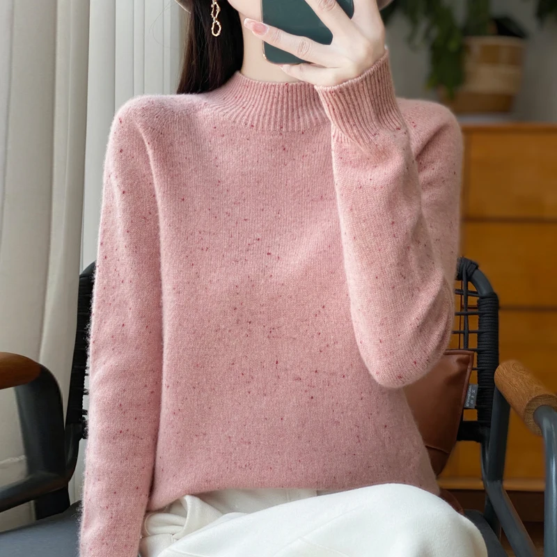 Thickened Women\'s 100% Merino Wool Semi-high Neck Pullover Warm Sweater In Autumn and Winter Women\'s Long-sleeved Knit Top