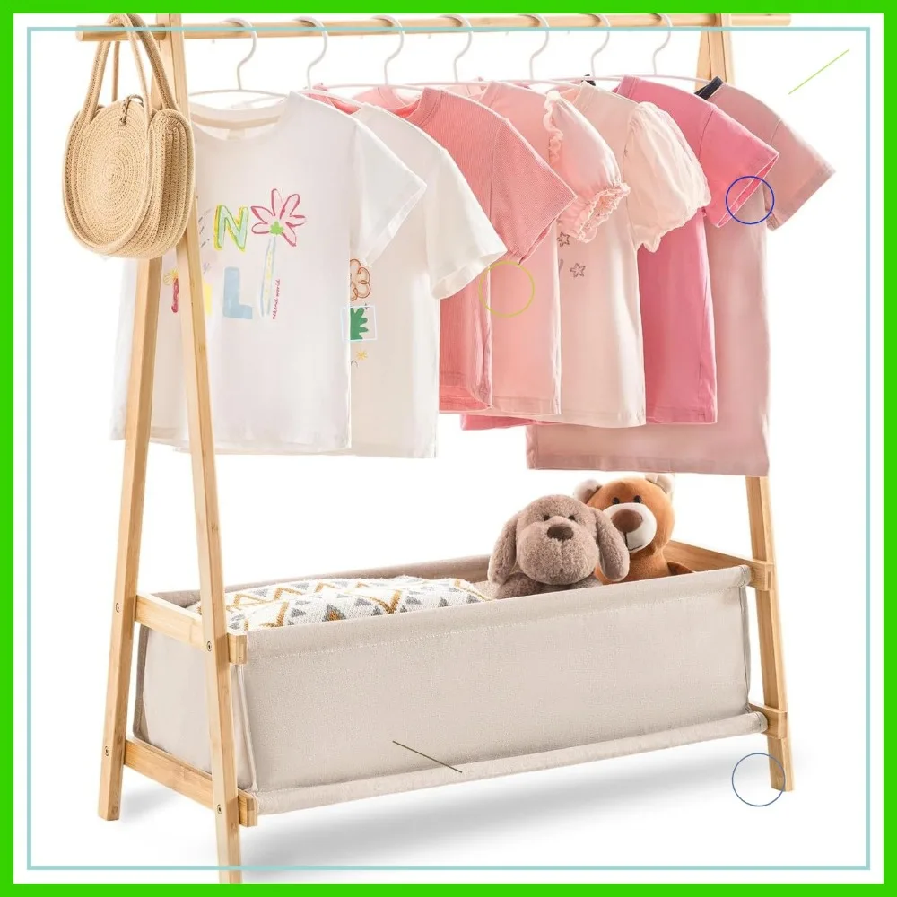 Kids Bamboo Clothing Rack with Storage Box, Multi-functional Hanging Organizer for Dance Costumes and Dress Up
