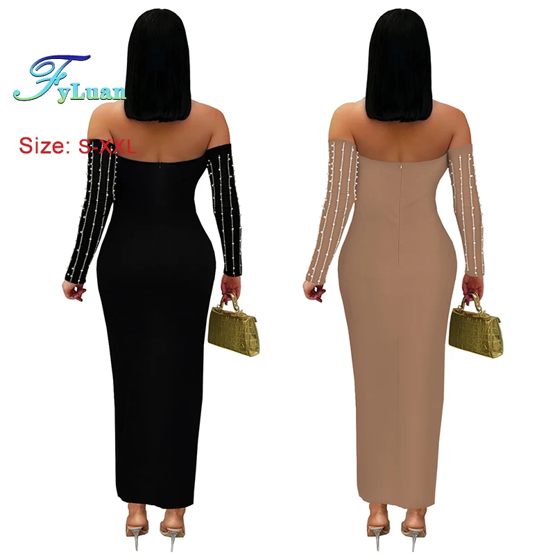 Europa Und Amerika Frauen Langes Kleid Elegante Langarm Set Diamanten, Figurbetontes Kleid Sexy Weg Von Der Schulter Einfarbig Prom Kleider