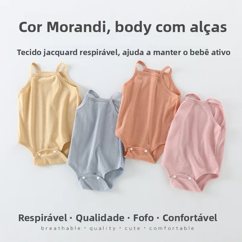 Macacão de Bebê em Algodão Puro, Fino, com Alças, Unissex, para Recém-Nascidos, Leve e Respirável