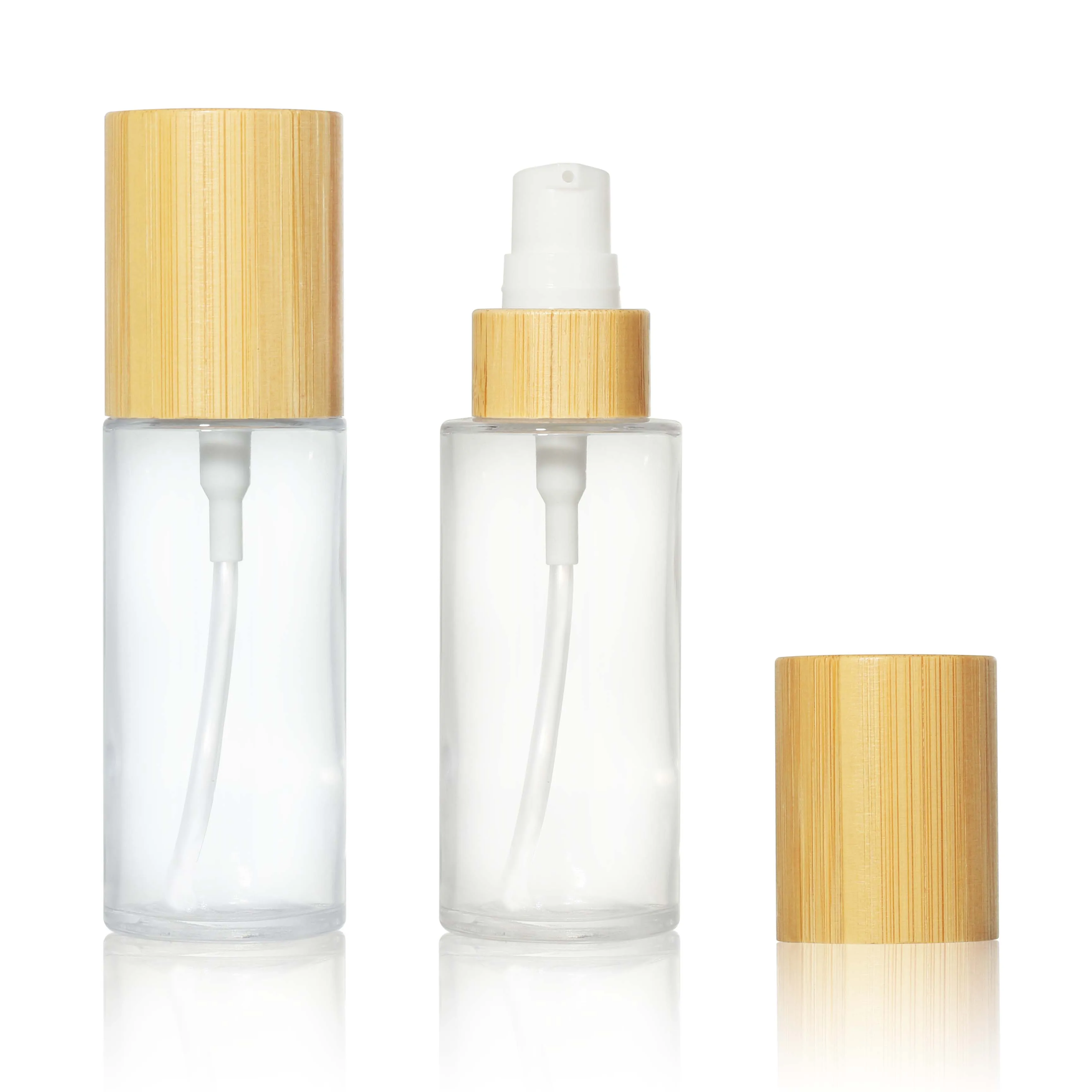 50ML Empty Bamboo Lids Clear Glass Bottle With Lotion Pump Dispenser Refillable Emulsion Cosmetic Cream Toiletries Container