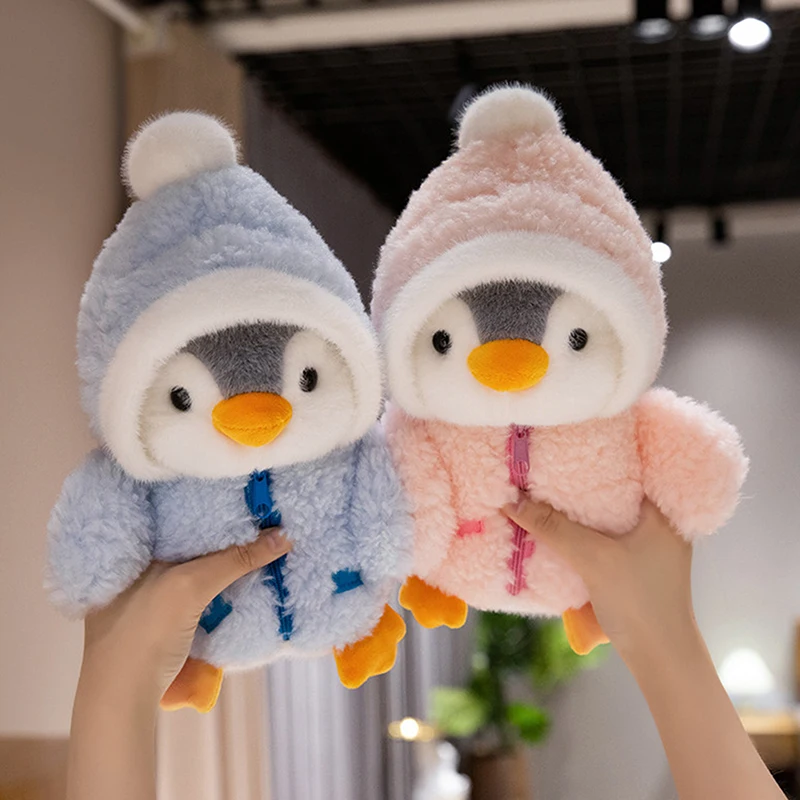 Schattige pinguïn knuffel baby troostende slaappop pluizige pinguïn dragen kleding hoeden knuffeldier kussen verjaardagscadeau