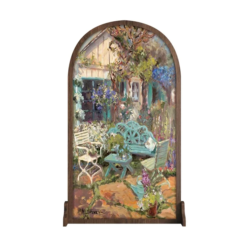 

French American solid wood mobile screen partition living room entrance pastoral landscape flower abstract oil painting seat scr