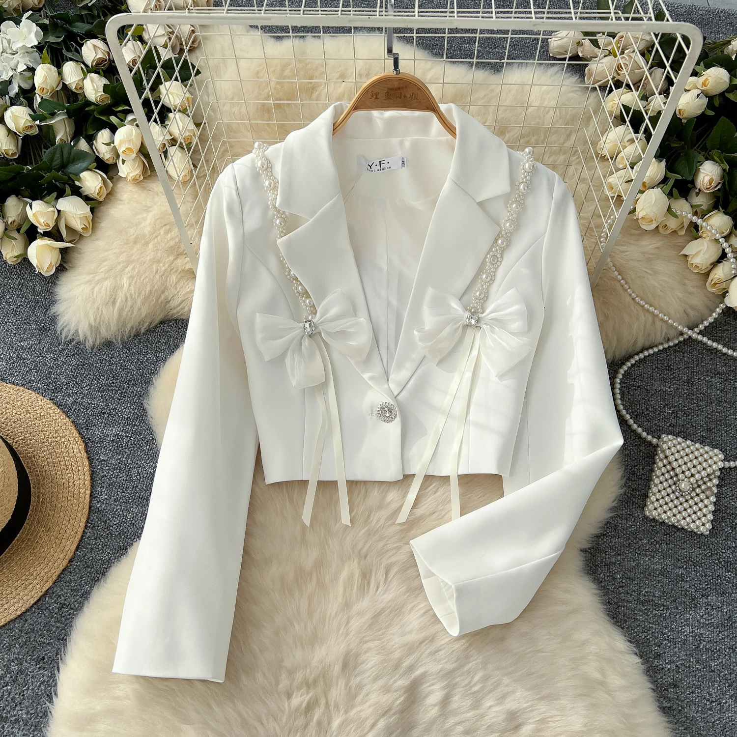 Chic Notched Basics Long Sleeve Elegant Embroidered Bead Butterfly Loose Coat French Streetwear High Street Autumn Winter Top