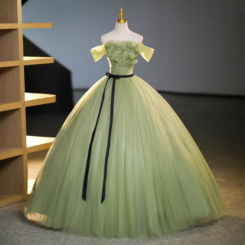 Vestido de fiesta de quinceañera verde, elegante vestido de encaje con hombros descubiertos para baile de graduación con foto Real, talla grande 2023