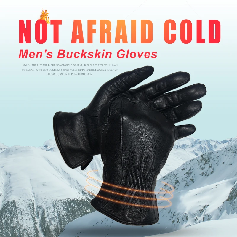 2024 New Winter man deer skin leather gloves male warm soft men\'s glove black three lines design men mittens sheep hair lining