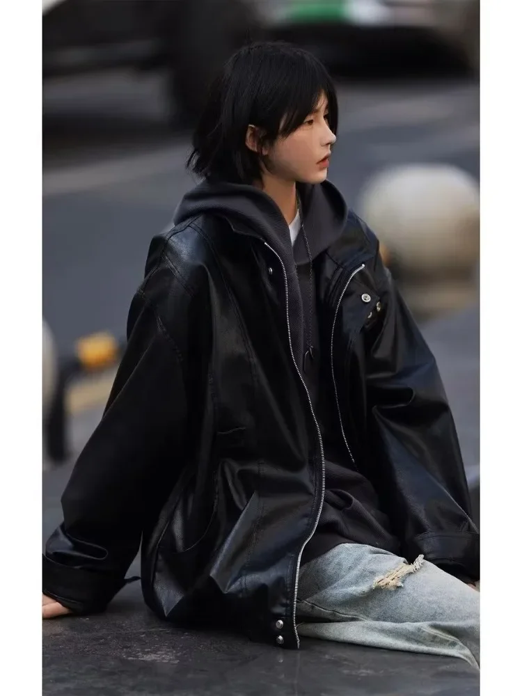 Vintage PU Leather Jacket Women Men Autumn Casual Korean Style Loose Stand Up Collar Outwear Moto Biker Coats New Y2K Streetwear