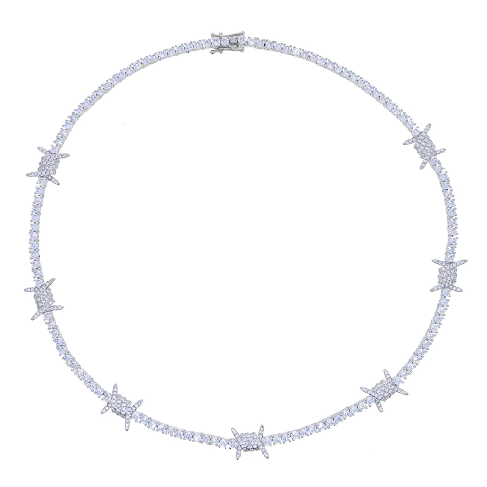 Iced Out Bling Rose Flower Pendant Necklace For Women Men Barbed Wire 3mm Tennis Chain Cubic Zirconia Charm Hip Hop Jewelry