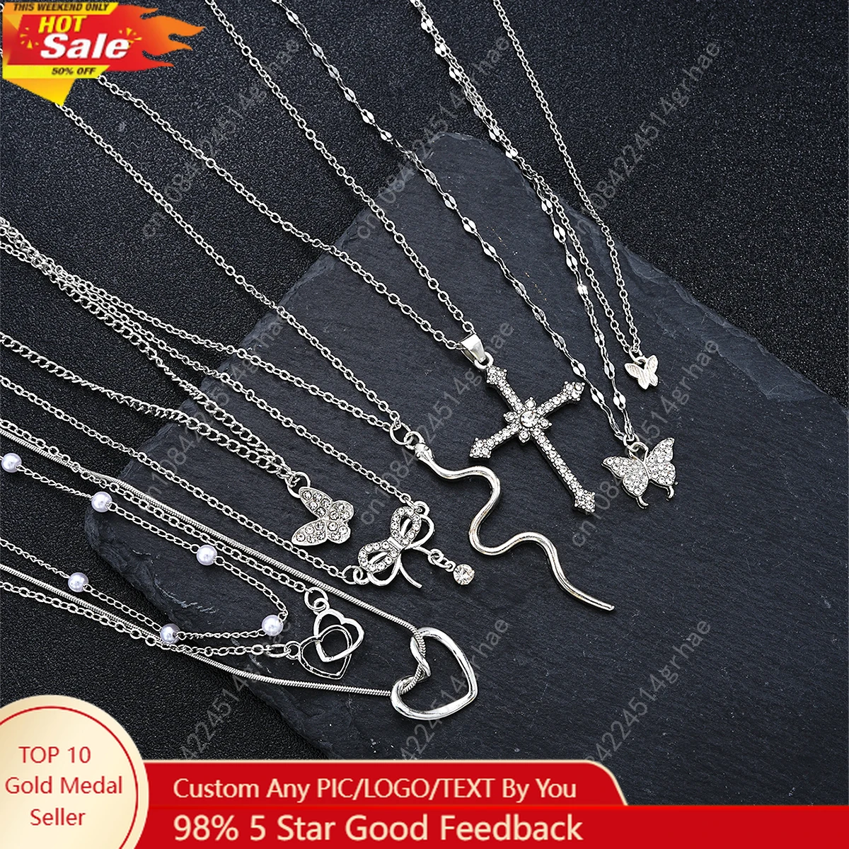 

9pcs Elegant Necklace Set For Women Sparkling Rhinestones Cute Butterfly Heart Cross Bow Pendant Necklaces Party Jewelry Gifts