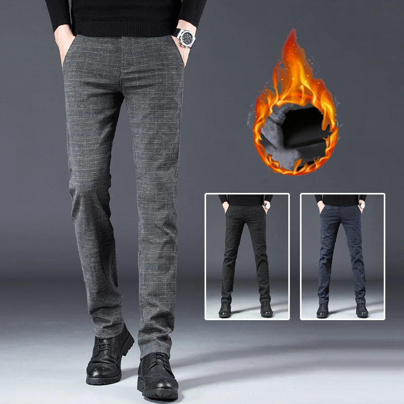 Men Classic Plaid Slim Fit Stretch Pants Male Fashion Winter Thermal Casual Pants New Street Narrow Leg Snow Warm Plush Trousers