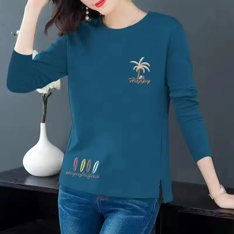 Women Korean Fashion Print Simple All Match T-shirt Spring Autumn Casual O Neck Irregular Tees Long Sleeve Loose Tops Ropa Mujer