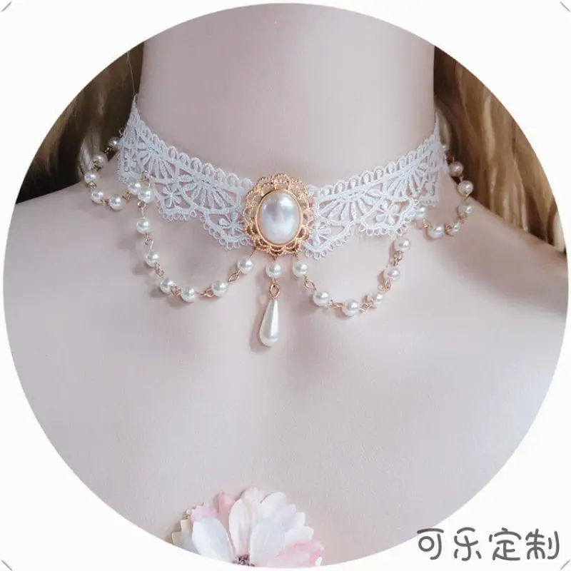 White Lace Choker Necklace With Oval Pearl & Teardrop Pendant Victorian Lolita Bridal Wedding Jewelry
