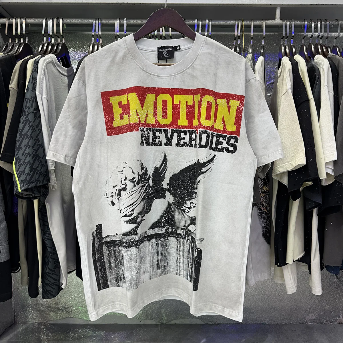 Retro Mixed Emotion Angel Print Washed Cotton Short Sleeve T-Shirt Loose Fit Street Style Youthful Trend Unisex Summer Top