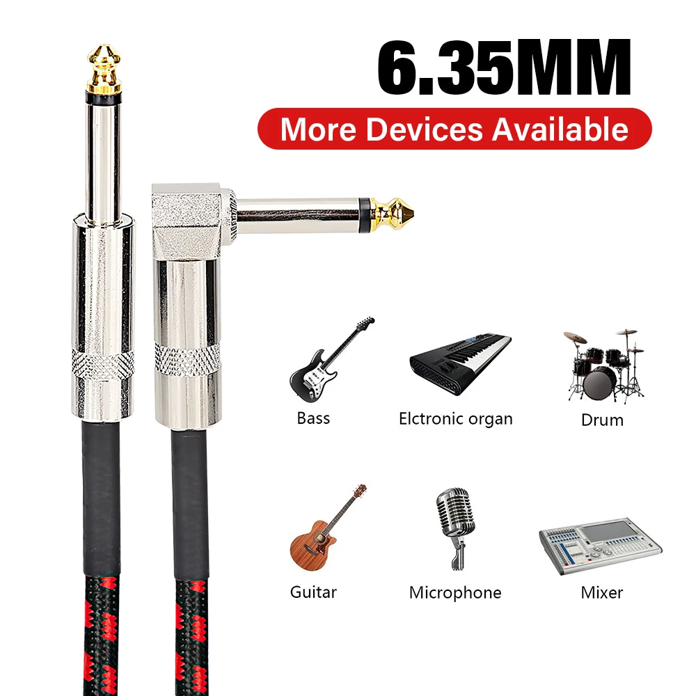 6.35mm To 6.35 mm 90 Degree Elbow Jack Cable For Electronic Organ Guitar Bass Drum 0.5/1/3/6 Meter Long Cord 6.5mm TS Audio Wire